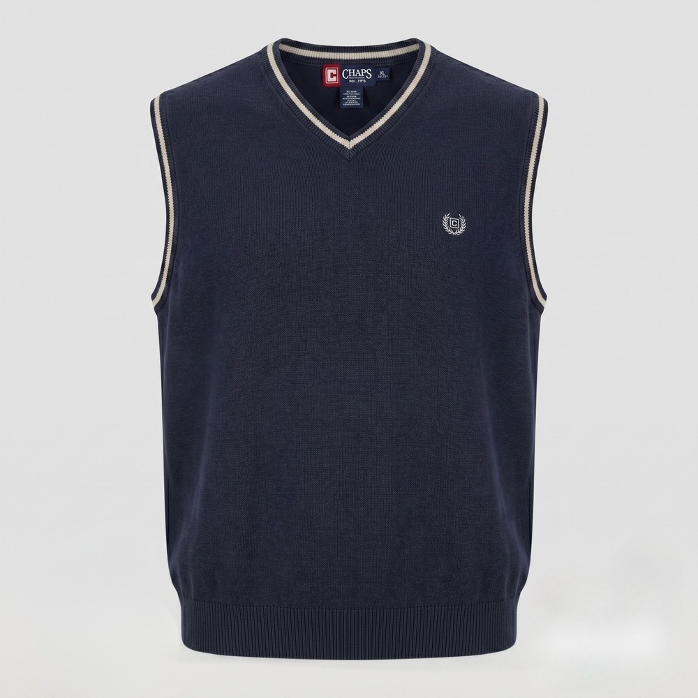 Chaps Men XL Blue Sweater Vest V-Neck Cotton Preppy Logo Tipped Trim